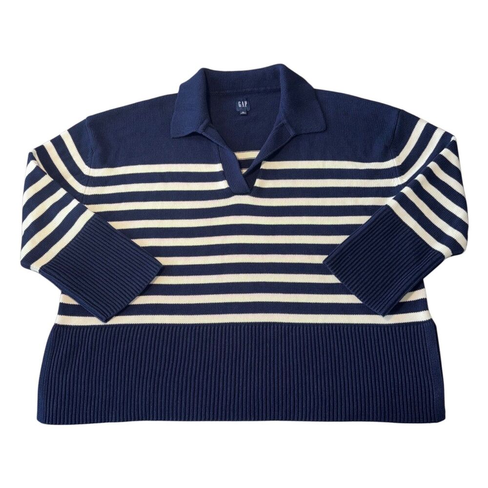 Gap Women’s Size XL Split Hem Polo Cotton Oversized Sweater Navy Cream Stripe